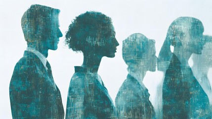 theme showing human silhouettes merging with futuristic interface elements and analytics