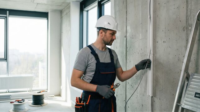 Electrician installing electrical wiring. Man in protective workwear performing construction work. Repair and maintenance for building architecture.
