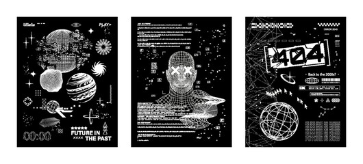 Glitch Y2K Tech Posters, Triptych Design. Trio of monochrome cyberpunk posters with glitch UI, wireframe head, planets, 404 error graphics. Retro futuristic Y2K digital aesthetic. Vector posters set © SergeyBitos