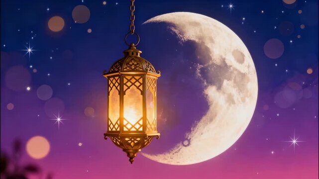 Islamic Lantern with Purple Background and Transition Moon Center for Eid Greeting