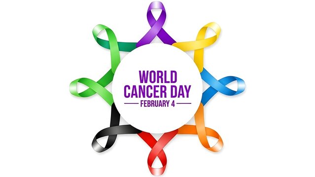 World Cancer Day concept with a vibrant circle of awareness ribbons in various colors, representing different cancer types, unified around the date February 4.