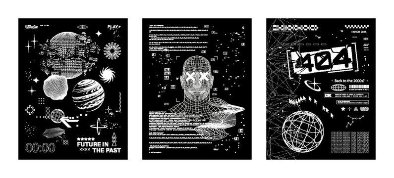Glitch Y2K Tech Posters, Triptych Design. Trio of monochrome cyberpunk posters with glitch UI, wireframe head, planets, 404 error graphics. Retro futuristic Y2K digital aesthetic. Vector posters set