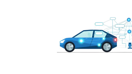 Fototapeta premium 自動運転とスマートモビリティのフラットデザインイラスト。次世代交通システム、MaaS、V2X通信、DX推進のコンセプト、左側に広いコピースペース。