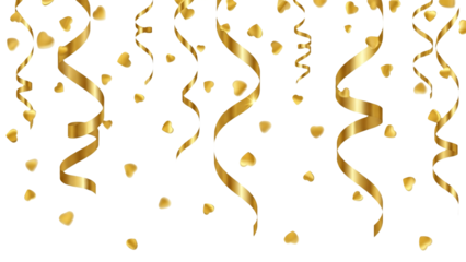 Elegant gold confetti rain with intertwined ribbons, anniversary celebration design, transparent