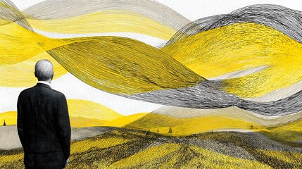 concept showing a confident figure standing before an abstract horizon of data