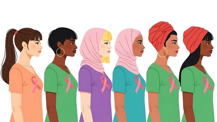Obraz premium Diverse group of women in profile, wearing different headscarves and clothing, each with a pink ribbon symbolizing breast cancer awareness.