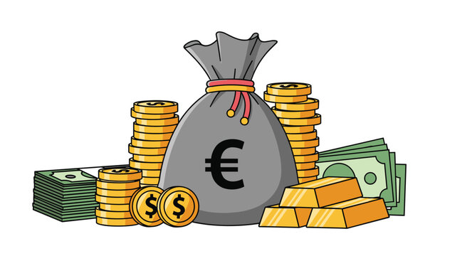 Concept of wealth and financial success featuring a large money bag, stacks of coins, banknotes, and gold bars.