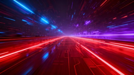 Bright red and pink futuristic lights sweep across a high-speed road, creating a dynamic digital energy scene filled with motion, neon glow, and abstract technology innovation in virtual space