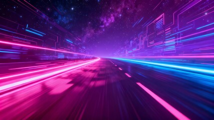 Bright red and pink futuristic lights sweep across a high-speed road, creating a dynamic digital energy scene filled with motion, neon glow, and abstract technology innovation in virtual space