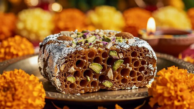 Traditional Ghevar Sweet with Silver Foil for Gauri Puja Festival