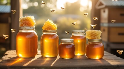 Golden honey jars apiary harvest
