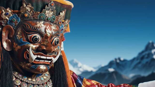 Traditional Cham Dance Mask for Hemis Festival on Mystic Blue Background