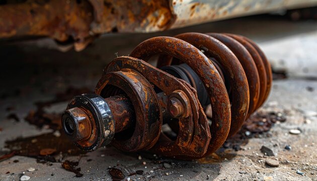 A delicious stack of grilled pork sausages and chocolate cookies rests on a rusty metal grill featuring a close up of an old rusty chain isolated on white