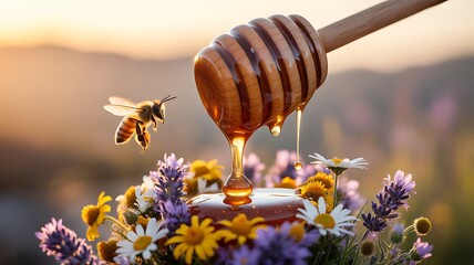 Honey dipper bee wildflower sunset