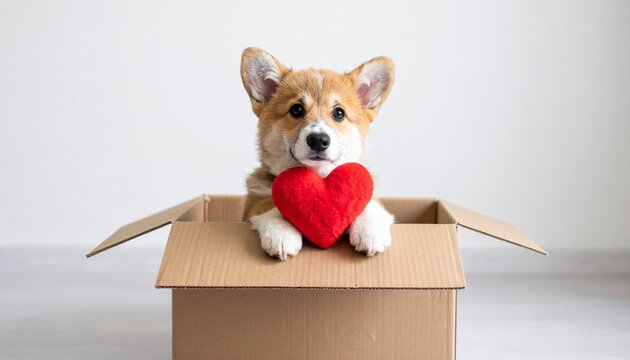 An adorable young Yorkshire terrier puppy with brown fur sits inside a small white gift box for a cute domestic pet portrait isolated on a white background