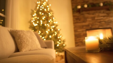 Naklejka premium Cozy living room with Christmas tree and candle during winter evening
