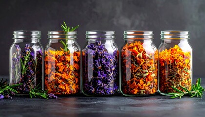 Still life of scented candles in a glass jar and flowers arranged with healthy kitchen ingredients and colorful dry spices in a seasoning container on white