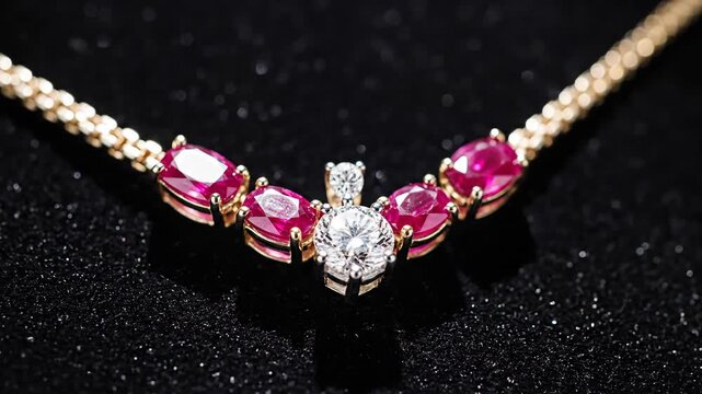 Elegant golden necklace featuring ruby and diamond gemstones on black, shimmering fabric background