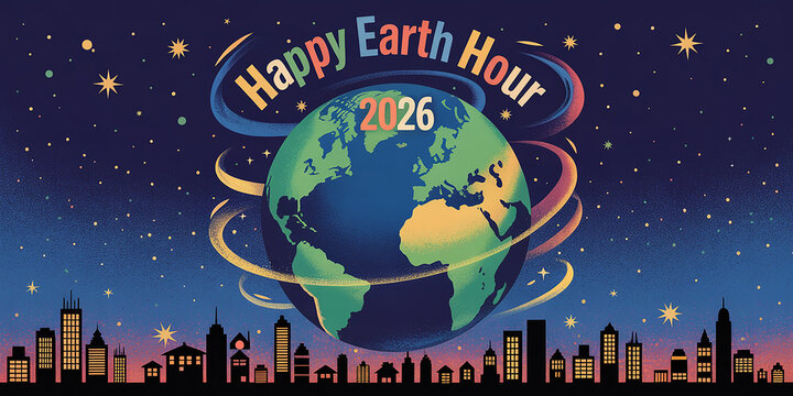 Happy Earth Hour 2026 celebration with planet Earth glowing above a silhouetted city skyline under a starry night sky
