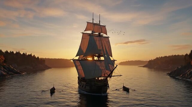 Mayflower Ship Sailing Near New England Coast at Golden Hour Sunrise