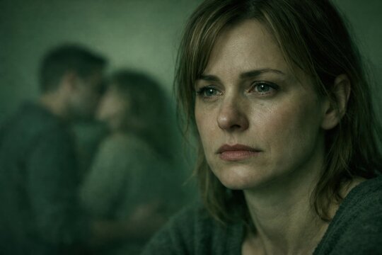 Crying woman with moist eyes and subtle wet skin reflection in foreground and blurred kissing couple behind showing broken heart emotional pain jealousy loss and quiet personal suffering