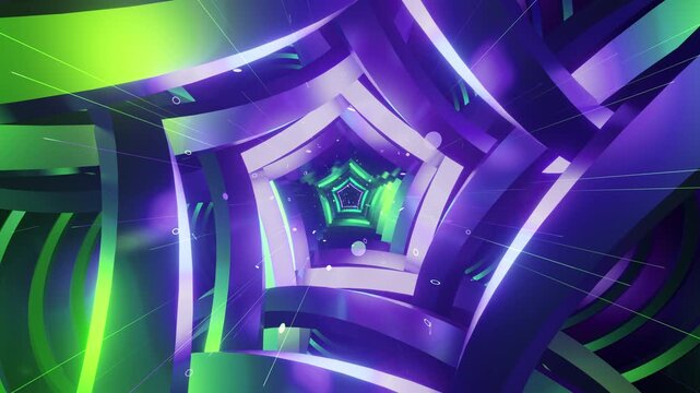 Seamless VJ loop with sharp pentagonal tunnel and glowing geometric portal for stage screens