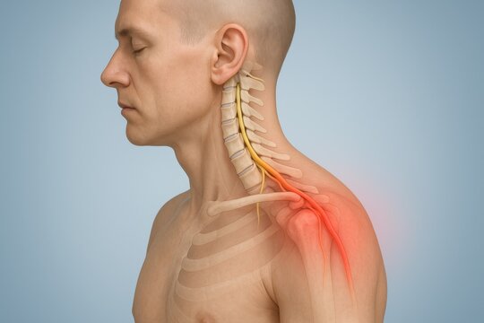 3D medical anatomical side-view of upper torso and neck showing cervical radiculopathy red-highlighted compressed nerve roots, illustrating inflammation and radiating shoulder pain.
