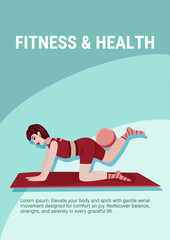 Yoga and health poster with woman in sportswear doing exercise with fitness ball on gym mat. Sport people. Modern flat banner for online training, wellness and social media content.