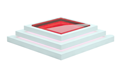 Futuristic White Pyramid Display with Red Top and Pink Lighting