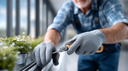 A person is working on potted plants with gardening tools in a bright indoor space