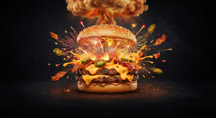 Exploding Double Cheeseburger with Fireworks and Magma Cheese Sauce on Dark Background - Spicy Flavor Concept
