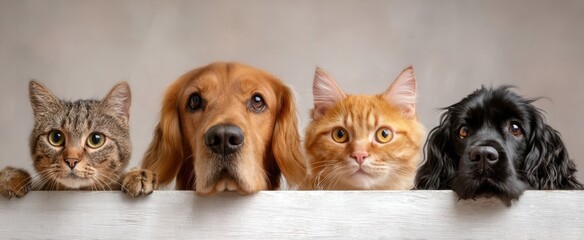 Obraz premium The Pets Lined Up Behind A White Wooden Fence And Looking Curiously At Camera