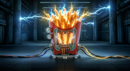 French Fries Container as Glowing Nuclear Reactor Core with Electric Sparks - Energy Food Concept