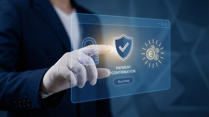 A businessman in a suit confirms a secure online payment with a glowing digital interface