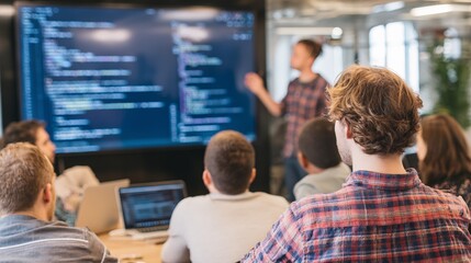 A programmer is presenting his findings in class