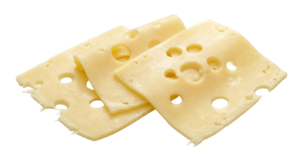 Close-up of three appetizing slices of cheese with distinct holes. perfect for adding a touch of culinary charm to your project.