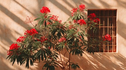 Fototapeta premium Beautiful tropical plant with vibrant red flowers growing by a beige building window with sunlight casting natural shadows, creating a minimal, serene summer garden and floral background