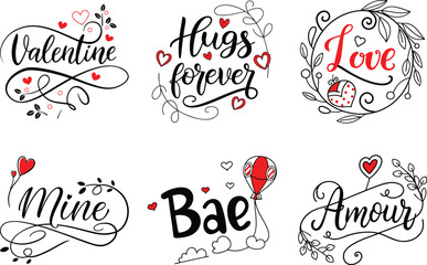 Romantic Valentine calligraphy typography quotes set with hearts and floral elements
