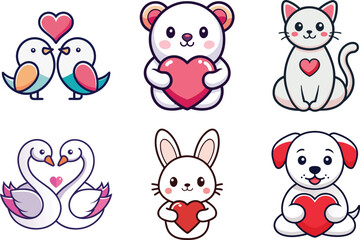 Cute animal characters holding hearts Valentine illustration set