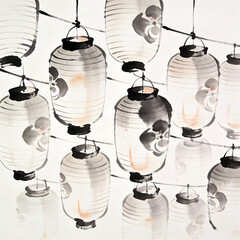 Traditional Japanese lanterns hanging in a decorative arrangement  