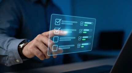 A man in a blue shirt interacting with a digital checklist on a transparent screen in a dark room