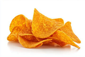 Naklejka premium Crispy tortilla chips stacked together with golden texture and light seasoning. Simple crunchy snack made from corn with clean studio lighting, isolated on white background. 