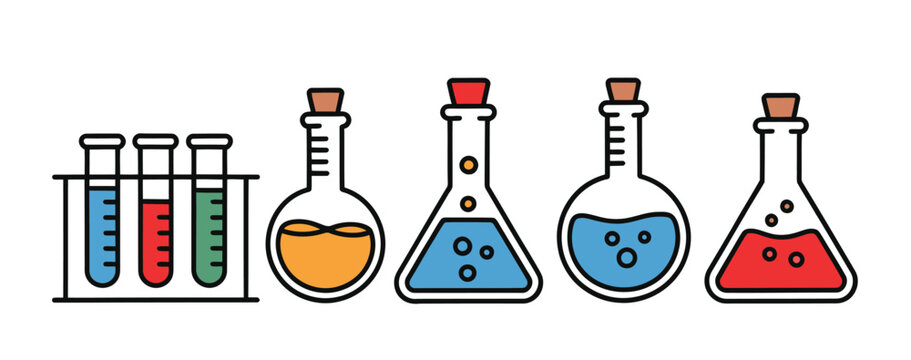 Colorful science lab illustration with flasks and test tubes containing vibrant liquids, vector artwork for laboratory experiments, educational projects, chemistry concepts, STEM learning, and high - Powered by Adobe