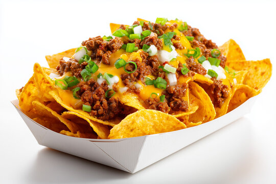 Basket of crispy nachos topped with seasoned ground meat, fresh tomatoes, and green herbs, served with creamy guacamole. Colorful Mexican snack platter with crunchy texture and fresh ingredients.