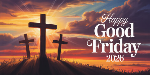 Three wooden crosses on a hill at sunset with radiant sunbeams and dramatic clouds and landscape Keywords: Good