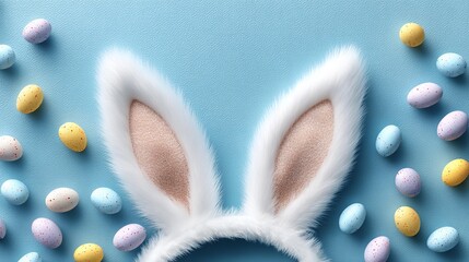 Fluffy bunny ears and face with pastel eggs scattered on blue