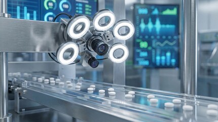 Automated pharmaceutical production line with optical inspection system and screens showing data