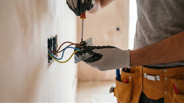 Man electrician installing a light switch on the wall. Electrical wiring work during renovation or construction. Home improvement concept.