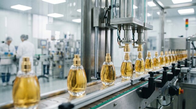 Perfume bottles moving on a production line within a modern manufacturing facility