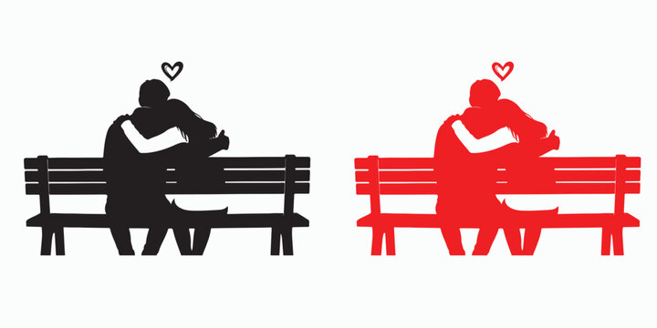 Embrace on the bench: A heartfelt embrace, immortalized in silhouette, embodies the purest form of love and tenderness. Depicting an intimate moment of two figures, their embrace, sitting on a bench.
